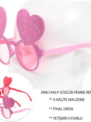 Pembe Renk Sim İşlenmiş Kalp Figürlü Parti Gözlüğü