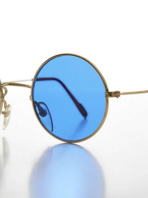 Yuvarlak Cam John Lennon Tarzı Gold Çerçeveli Mavi Gözlük