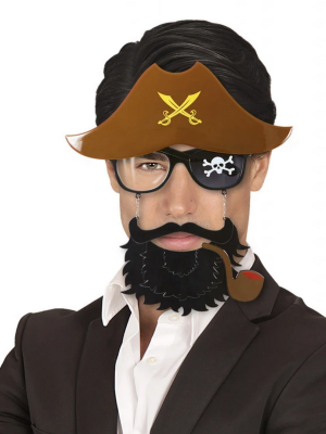 Kahve Renk Şapkalı Siyah Sakallı Pipolu Jack Sparrow Denizci Korsan Gözlüğü 24x25 cm