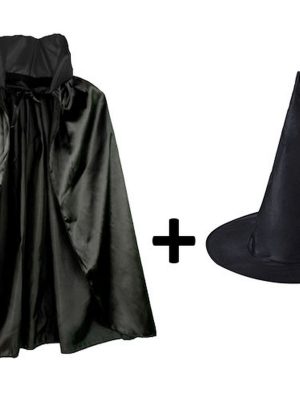 Siyah Yakalı Pelerin ve Siyah Cadı Şapkası Seti Çocuk Boy