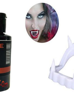 Beyaz Renk Çift Damak Takma Vampir Dişi ve 50 gr Tiyatro Kanı