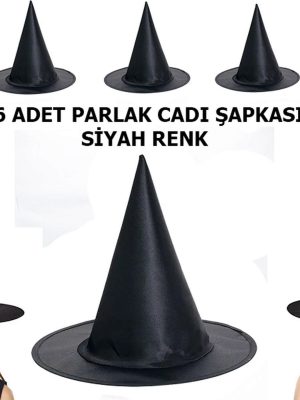 Halloween Siyah Renk Parlak Dralon Cadı Şapkası Yetişkin ve Çocuk Uyumlu 6 Adet