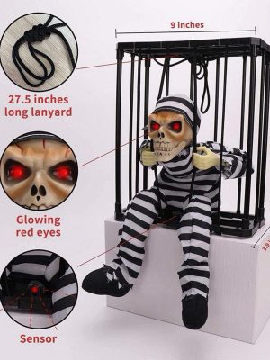 Hareketli Sesli Sensörlü Mahkum Görünümlü Kuru Kafa İskelet Dekorasyon 22x27 cm