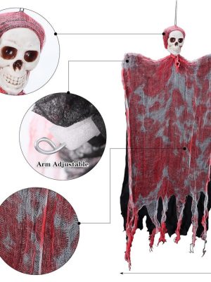 Led Işıklı Kahkaha Atan Sesli Sensörlü Ürpertici Kuru Kafa Kanlı Korku Hayalet Saçaklı Dekor 90x50 cm