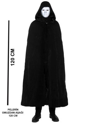 Siyah Kapüşonlu 120 cm Pelerin ve Beyaz Boyanabilir Tam Yüz Maske