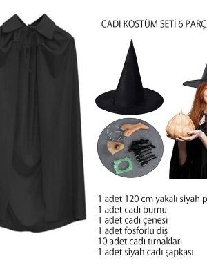 Cadı Kostüm Seti 6 Parça - Şapka Pelerin Diş Tırnaklar Çene ve Burun