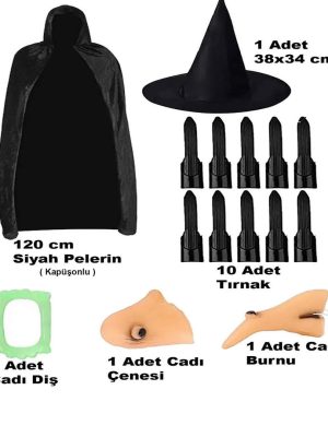 Siyah Kapüşonlu Pelerin 120 cm Tırnaklar Diş Çene Burun ve Şapka Seti
