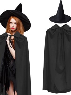 120 cm Siyah Yakalı Pelerin ve Siyah Cadı Şapkası Kostüm Seti