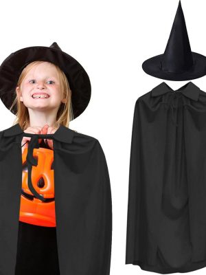 90 cm Siyah Yakalı Pelerin ve Siyah Cadı Şapkası Kostüm Seti