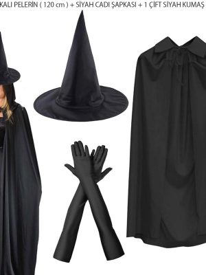 120 cm Siyah Yakalı Cadı Pelerini Cadı Şapkası ve 1 Çift Siyah Kumaş Eldiven Seti 3 Parça