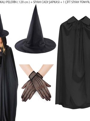120 cm Siyah Yakalı Cadı Pelerini Cadı Şapkası ve 1 Çift Siyah Kısa File Tüm Eldiven Seti 3 Parça