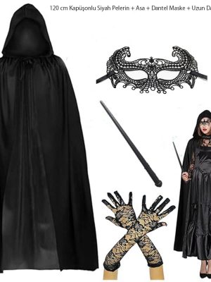 120 cm Kapüşonlu Siyah Pelerin + Asa + Dantel Maske + Uzun Dantel Siyah Eldiven Kostüm Seti