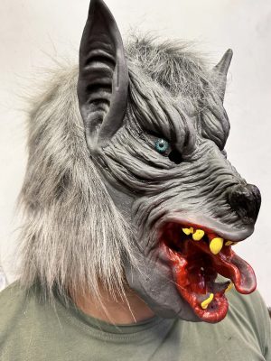 Kafaya Tam Geçmeli Lateks Dil Çıkaran Mavi Gözlü Kurt Maskesi