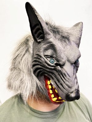 Kafaya Tam Geçmeli Lateks Mavi Gözlü Dişli Ağzı Açık Kurt Maskesi