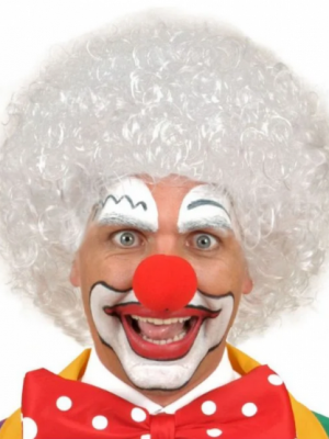 Beyaz Renk Kıvırcık Afro Bonus Peruk Saç ve Kırmızı Sünger Burun Seti