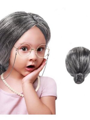 Gri Renk Yaşlı Peruğu Takma Saç Büyükanne Peruğu Yetişkin Çocuk Uyumlu