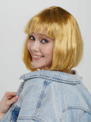Altın Renk Düz Kesim Küt Parti Peruğu Kısa Takma Saç