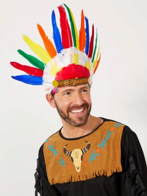 Rengarenk Gerçek Tüylü Lastik Aparatlı Kızılderili Başlığı