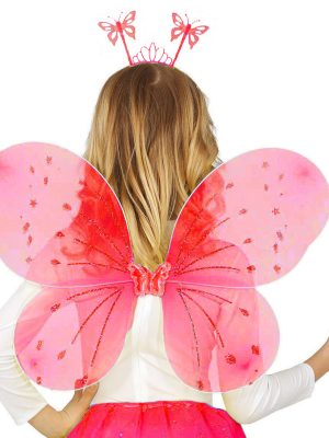 Kırmızı Renk Çocuk Kelebek Kanadı Tacı ve Asa Seti 50 cm