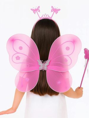 Pembe Kelebek Kız Seti – 50 cm Kelebek Kanadı, Taç ve Asa