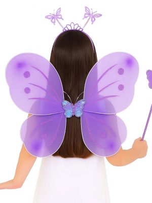 Lila Mor Kelebek Kız Seti – 50 cm Kelebek Kanadı, Taç ve Asa