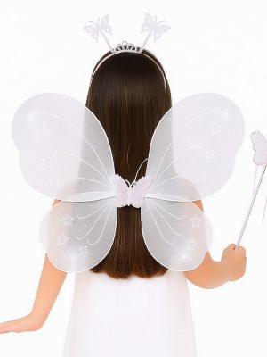 Beyaz Kelebek Kız Seti – 50 cm Kelebek Kanadı, Taç ve Asa