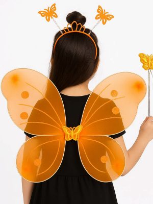 Turuncu Kelebek Kız Seti – 50 cm Kelebek Kanadı, Taç ve Asa