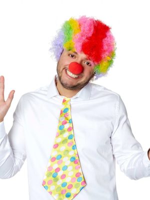 Rengarenk Kıvırcık Afro Bonus Peruk ve Kırmızı Burun Seti