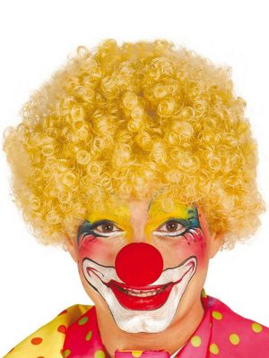 Sarı Renk Kıvırcık Afro Bonus Peruk Takma Saç ve Kırmızı Burun Seti