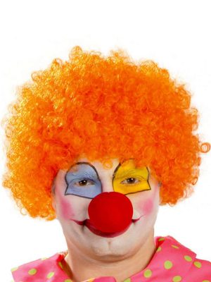 Turuncu Renk Kıvırcık Afro Bonus Peruk Takma Saç ve Kırmızı Burun Seti