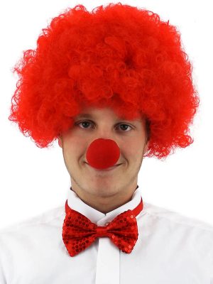 Kırmızı Renk Kıvırcık Afro Bonus Peruk Takma Saç ve Kırmızı Burun Seti