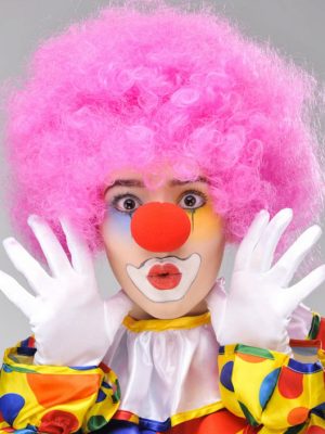 Pembe Renk Kıvırcık Afro Bonus Peruk Takma Saç ve Kırmızı Burun Seti