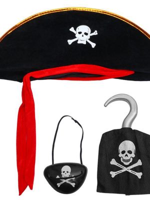 Kadife Kaptan Jack Korsan Şapkası Korsan Eli ve Korsan Göz Maskesi Çocuk Boy