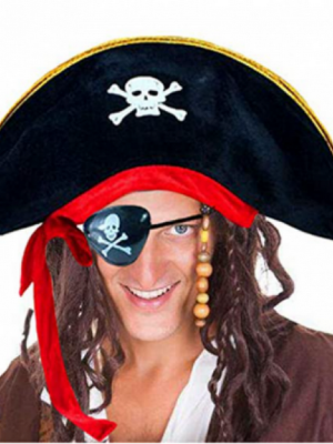 Yetişkin Boy Kadife Kaptan Jack Sparrow Korsan Şapkası ve Plastik Korsan Göz Maskesi