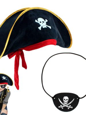 Çocuk Kadife Korsan Şapka & Vinleks Deri Göz Bandı Seti