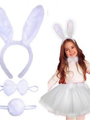 Tavşan Tacı Eteği Papyonu ve Kuyruk Kostüm Seti Beyaz Renk Çocuk Boy