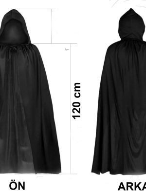 Siyah Uzun Pelerin 120 cm Kapüşonlu – Cosplay ve Parti Kostümü
