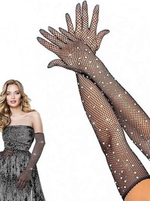 Siyah Renk İncili Elmas İşlemeli File Örgü Uzun Eldiven 45 cm