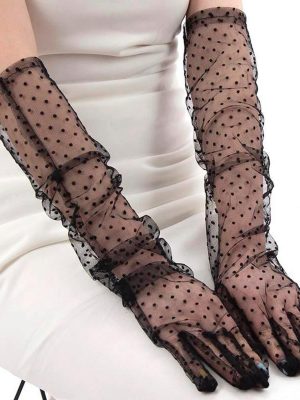 Uzun Boy Siyah Puantiyeli Siyah Renk Yetişkin Tül Eldiven 55 cm