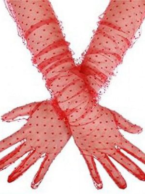 Uzun Boy Kırmızı Puantiyeli Kırmızı Renk Yetişkin Tül Eldiven 55 cm