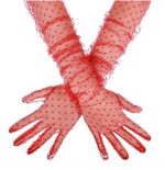 Uzun Boy Kırmızı Puantiyeli Kırmızı Renk Yetişkin Tül Eldiven 55 cm - Görsel 2