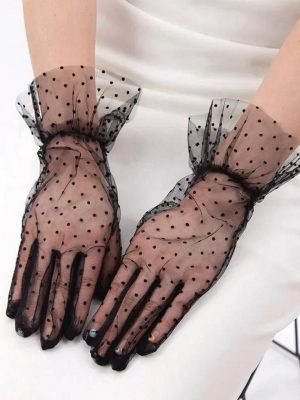 Kısa Boy Güpürlü Siyah Puantiyeli Tül Eldiven Siyah Renk