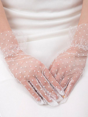 Kısa Boy Güpürlü Beyaz Puantiyeli Tül Eldiven Beyaz Renk