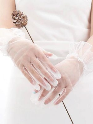 Kısa Boy Likralı Güpürlü Yetişkin Tül Eldiven Beyaz Renk