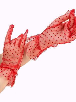 Kısa Boy Güpürlü Kırmızı Puantiyeli Tül Eldiven Kırmızı Renk