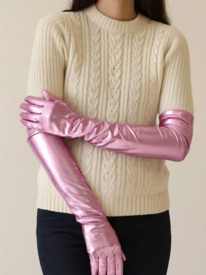 Uzun Boy Ekstra Parlak Saten Eldiven Pembe Renk