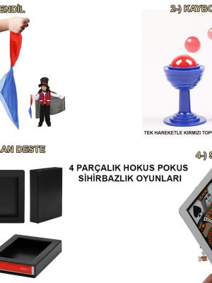 4'lü Sihirbazlık Seti – Hokus Pokus Sihirli Numara Seti-KUPA-MENDİL-DESTE-İSKAMBİL