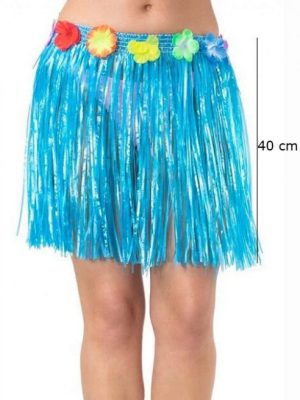 Yetişkin ve Çocuk Uyumlu Mavi Renk Püsküllü Hawaii Luau Hula Etek 40 cm