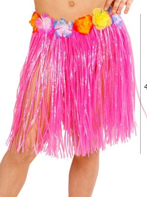 Yetişkin ve Çocuk Uyumlu Pembe Renk Püsküllü Hawaii Luau Hula Etek 40 cm