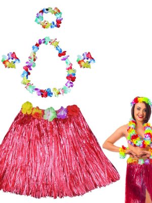 Hawaii Dans Kostümü – Kırmızı Hula Etek & Çiçek Kolye Seti